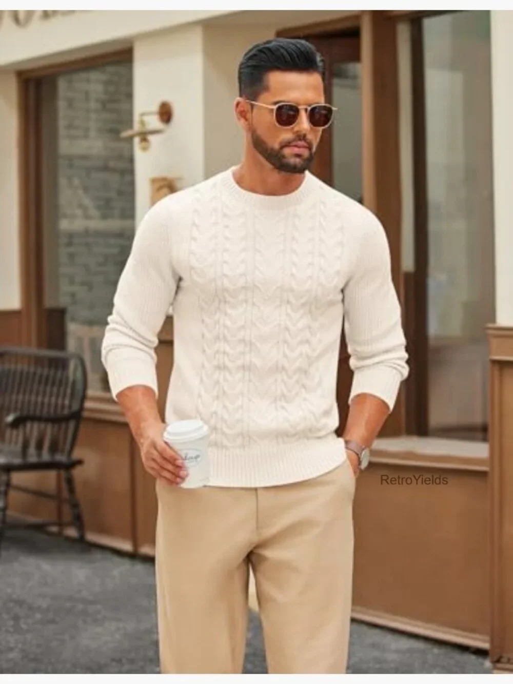 Mens Cable Knit Sweater Casual Long Sleeve Crewneck Pullover Fisherman Twist